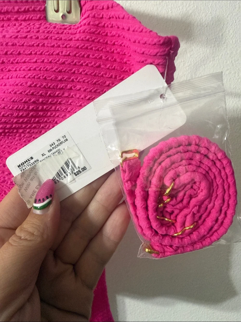 Strapless Hot Pink Textured Tankini swim Top- XL- NWT- removable straps